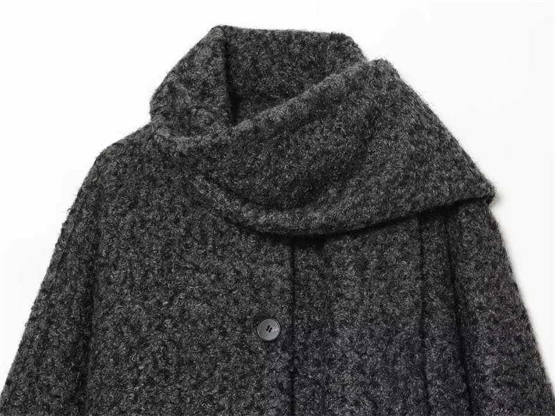 سترة نسائية 2025 خريف نمط جديد رمادي غامق كم طويل وشاح مزين معطف قصير بسيط الراقية الموضة #3