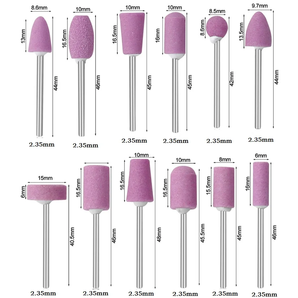 12Pcs Abrasive Polishing Mounted Stone For Rotary Tools Grinding Stone Wheel Head Tools 2.35mm Shank Mini Nail Drill Bit Set