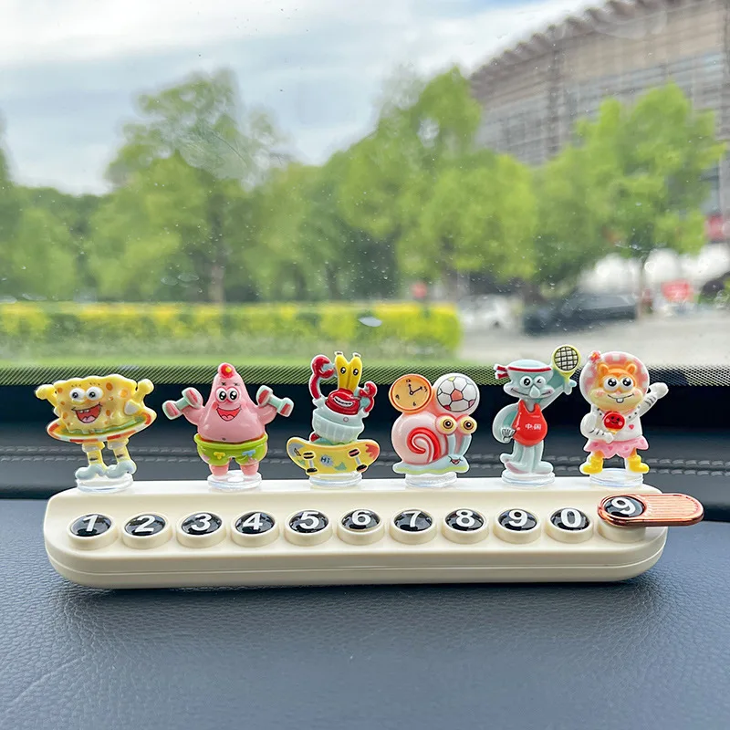SpongeBob SquarePants Cute Temporary Parking Number Plate Creative Car Moving Phone Sign for Car Dashboard Interior Decoration