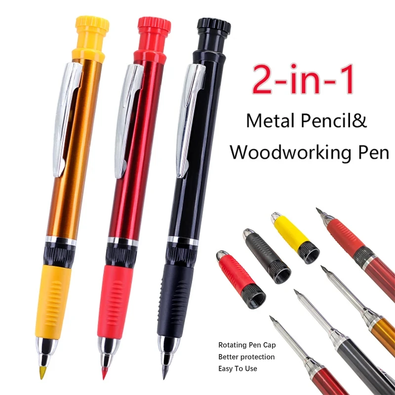 2.8mm 2-in-1 Solid Woodworking Mechanical Pencil with Lead and Built-in Sharpener, for Deep Hole Carpenter Marking Pencils set
