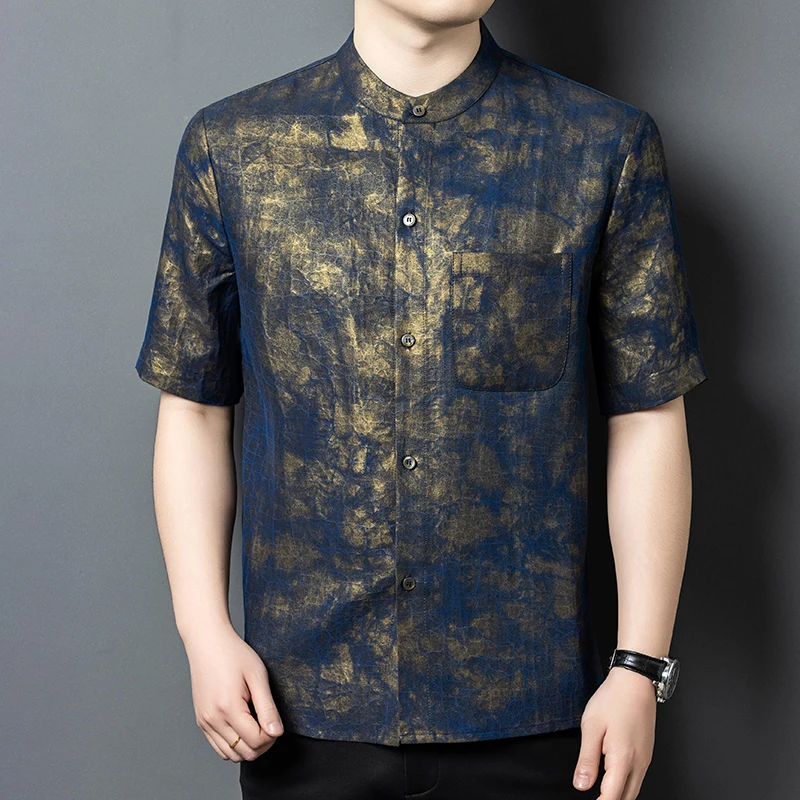 Luxurious High-End Silk Shirts For Men Loose Fit Pocket Trends Summer Quality Gentleman Gambiered Canton Gauze Camisas De Hombre