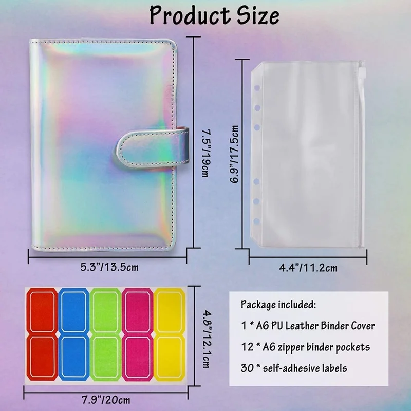 New A6 Laser Colorful Loose-leaf Book 6-hole PU Leather Loose-leaf Books With Transparent Zipper Bag Color Label