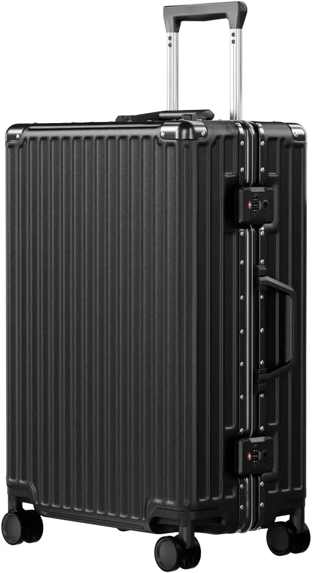 

24-футовый чемодан с твердым корпусом из ПК + АБС-пластика с алюминиевой рамой, замком TSA и двойными вращающимися колесами - черный