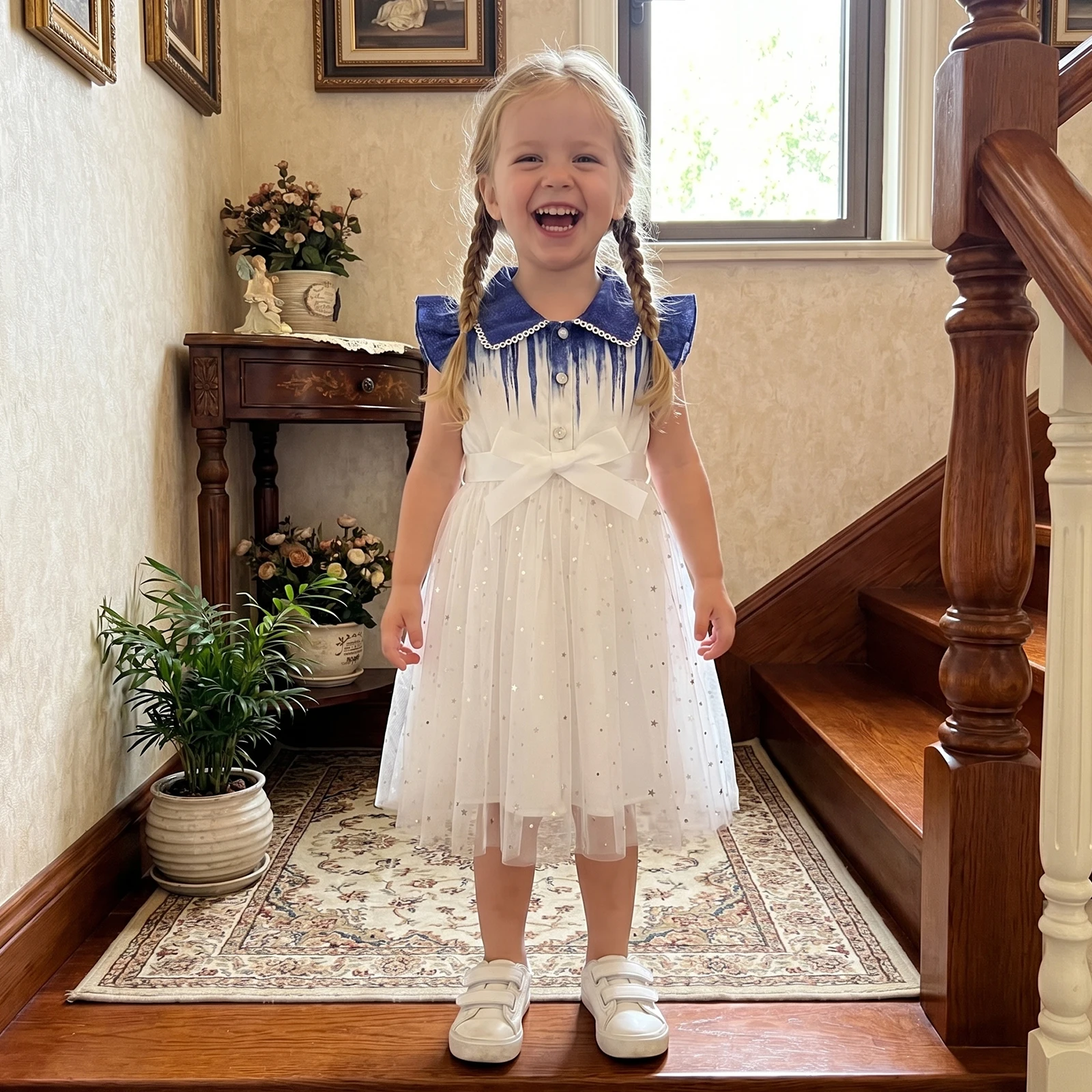 3-10Y Little Girls Star Tulle Mesh Dress Summer Kids Fashion Fly Short Sleeve Tulle Princess Party Dress with Ribbon Belt