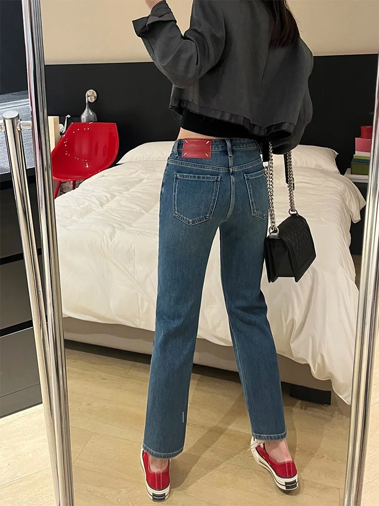 

Женские прямые джинсы Thiened Fce с высокой талией, осенне-зимние синие высокоэластичные джинсы из прочного хлопка с девятью трубкой