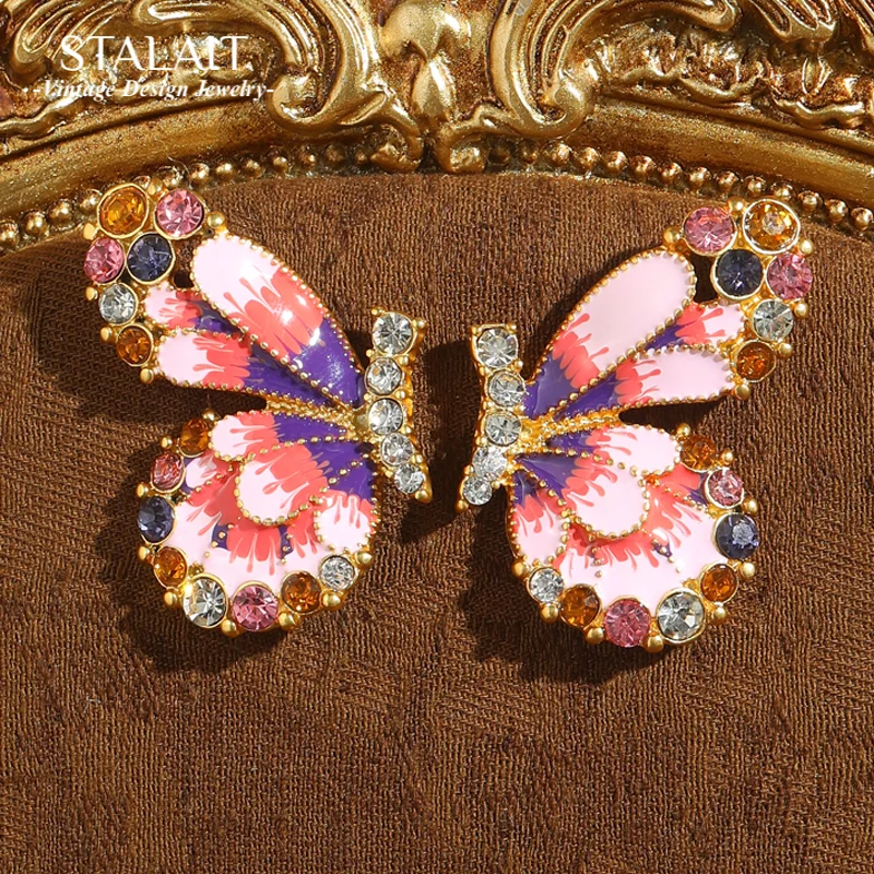 

Vintage Enamel Butterfly Earrings For Woman Gold Color Rhinestone Crystal Colored Stud Accessories Wedding Valentine Day Gift