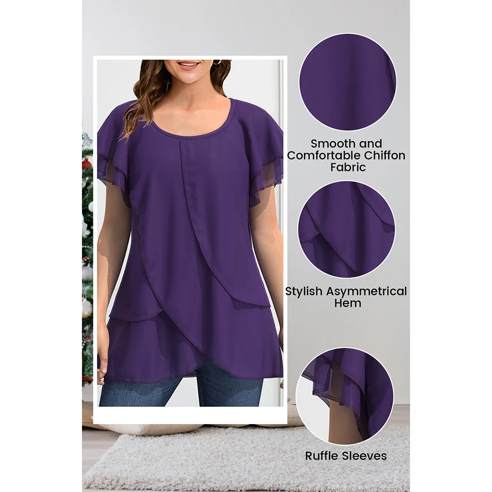 Chemise décontractée en mousseline de soie pour femme, ourlet asymétrique superposé, manches à volants, violet foncé, grande taille