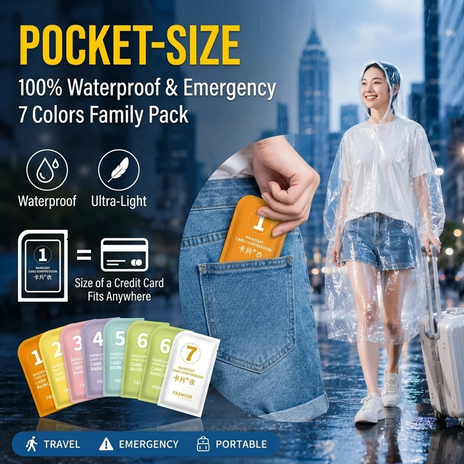 Unisex Portable Card Disposable Raincoat Lightweight PE Rain Poncho Waterproof Emergency Pocket Rainwear Outdoor Travel Hiking