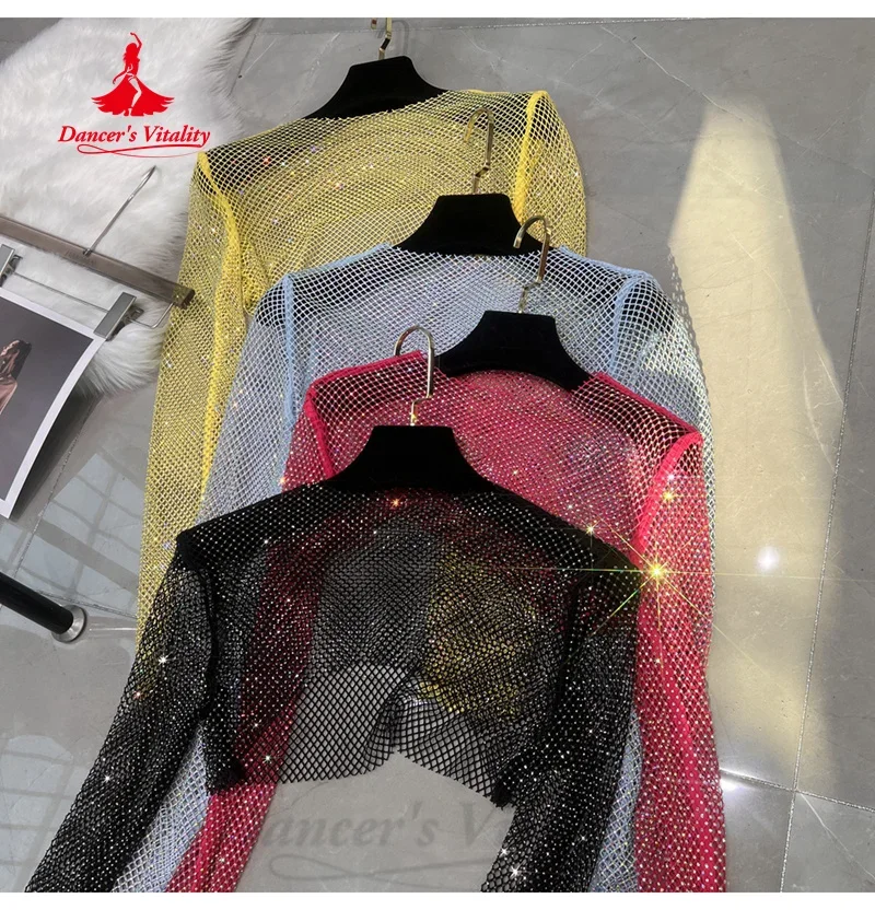 BellyDance Practice Top for Women Long Sleeve Full Diamond Shawl Girls Oriental Dance Modern Dance Sparkling Training Clothing