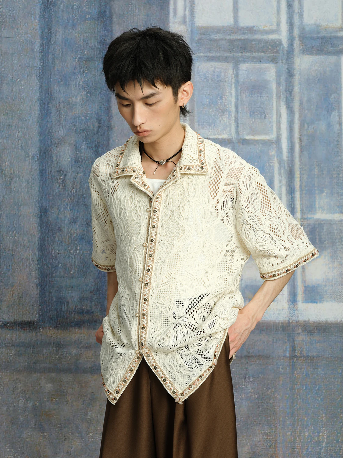 Men's 2025 Summer New Stylish Beaded Chic Shirts Male Knitted Jacquard Shirt Fashion Loose Comfort Breathable Short-sleeve Tops