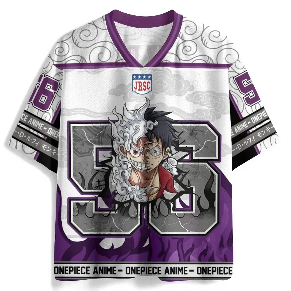 One Piece Anime Print V-neck Jerseys Anime Character Print Mesh Breathable Loose Men's and Women's Sports T-shirts