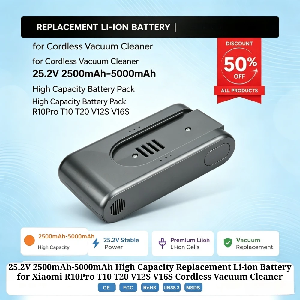 25.2V 2500mAh-5000mAh High Capacity Replacement Li-ion Battery for Xiaomi R10Pro T10 T20 V12S V16S Cordless Vacuum Cleaner