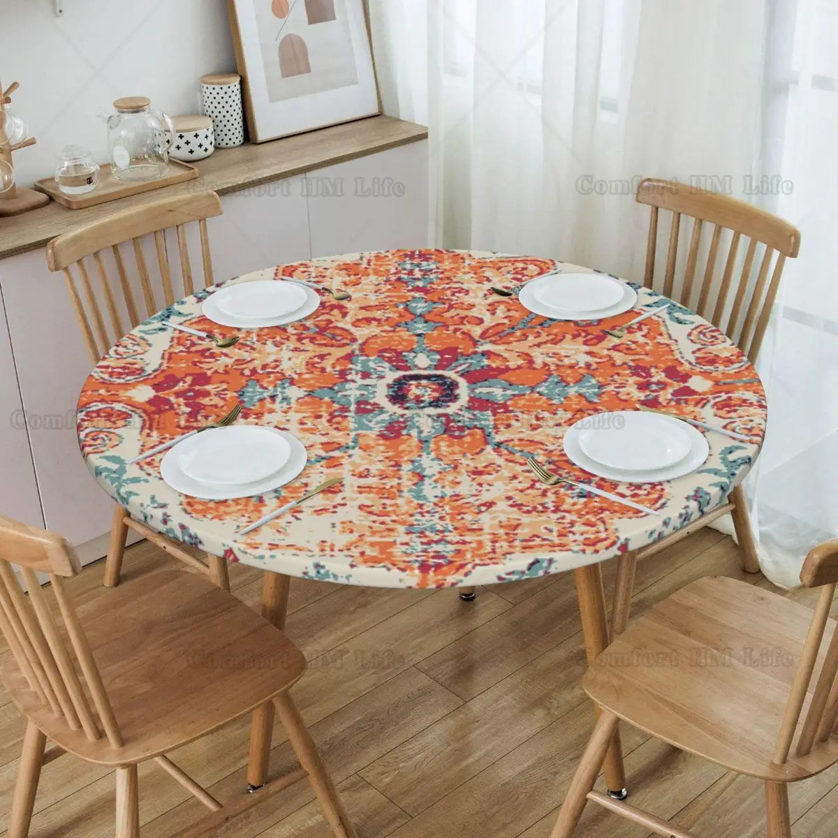Aztec Terracotta Boho Round Fitted Tablecloth with Elastic for Round Tables Waterproof Table Cloth for Picnic Camping Dinner