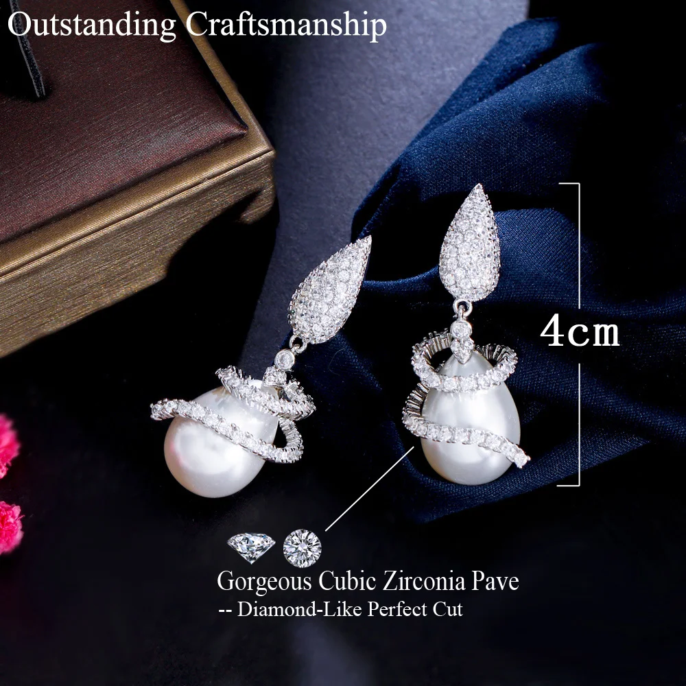 CWWZircons Symmetrical Rotating Cubic Zirconia Drop Dangle Pearl Earrings for Women Elegant CZ Wedding Bridal Jewelry Gift CZ475