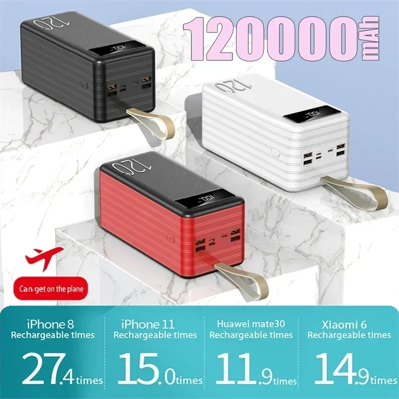 Large capacity 120000mAh portable power bank 120W, 100% sufficient capacity, suitable for portable use on various mobile phones