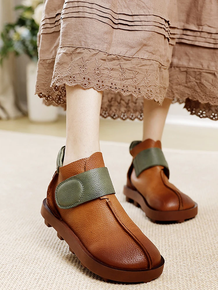 

Birkuir Thick Heel Women Platform Shoes Round Toe Hook Loop Short Boots Handmade Mixed Colors Genuine Leather 3.5cm Heel Shoes