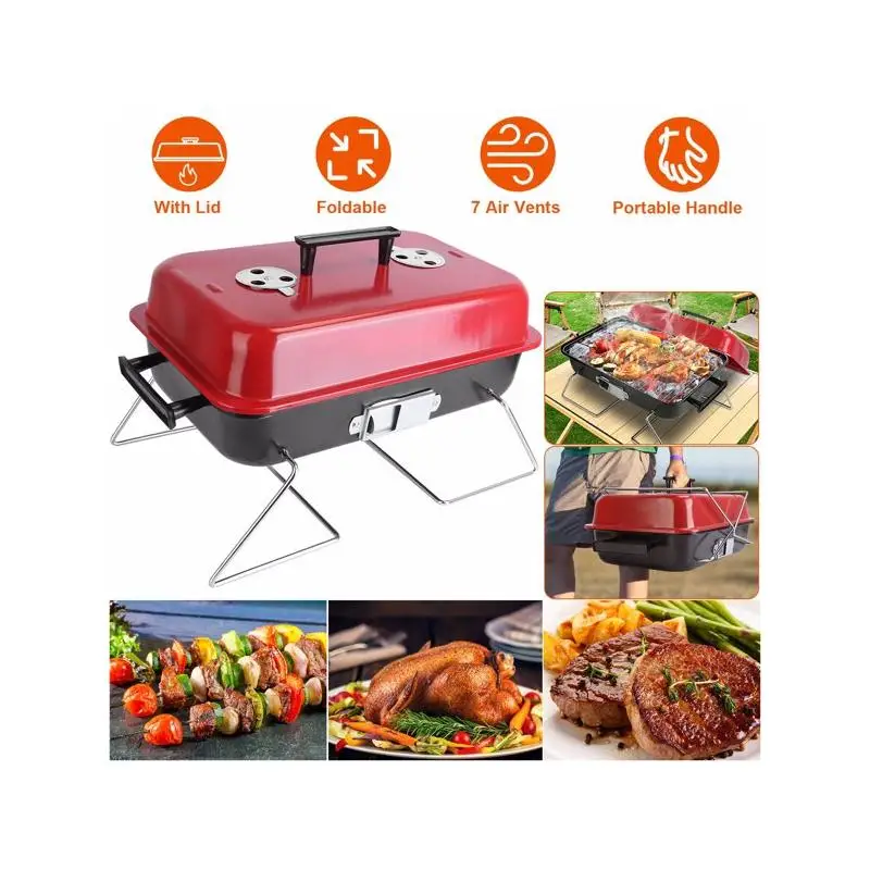 

Portable Charcoal Grill Tabletop BBQ Smoker Folding Outdoor Grill with Lid for Camping, Picnics, and Beach Use