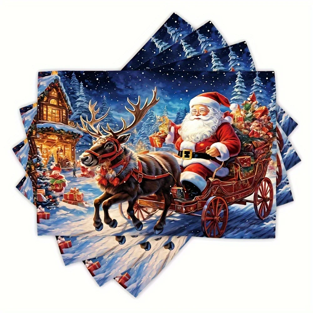 4pcs Santa Riding Reindeer Gifts Placemats, Festive Table Decor for Holiday Dinners & Parties, 2D Flat