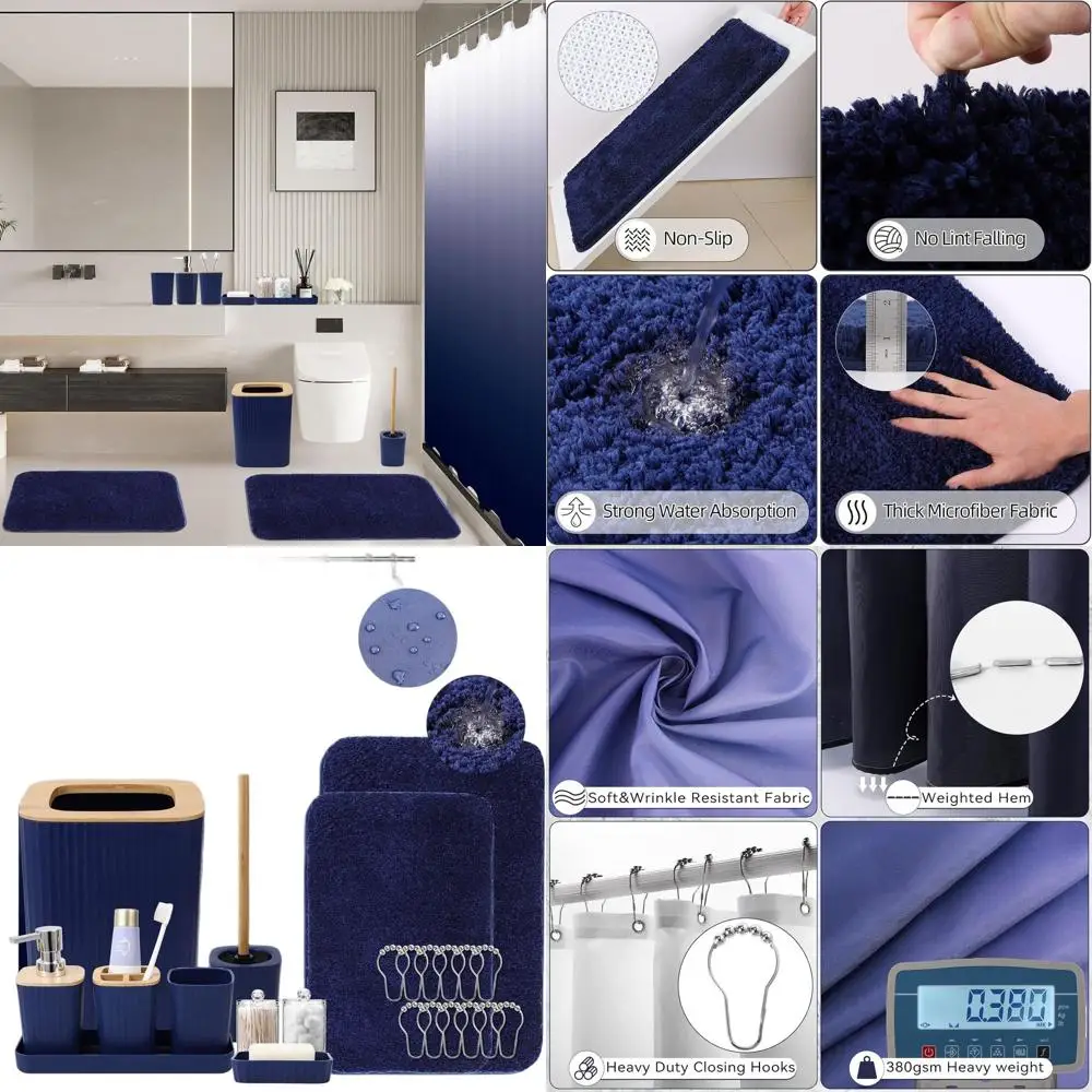 

Blue Ombre Shower Curtain Set with Non-Slip Mats, Waterproof and Absorbent, Complete Bathroom Accessories