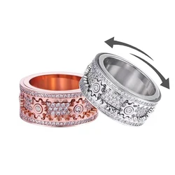 Stainless Steel Gear Wheel Style Ring CZ Zircon Rotating Relieve Stress Artifact Circle For Men Women Unisex-Adult Ring Jewelry