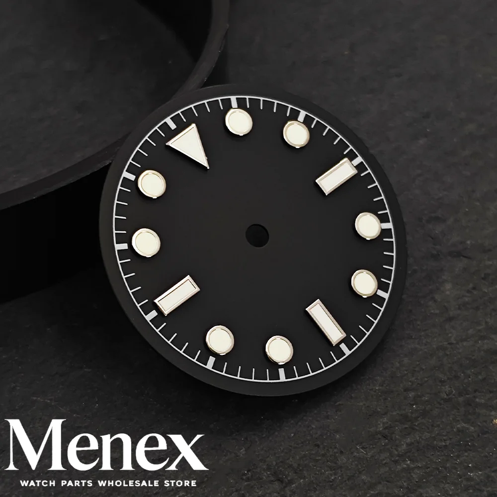 Menex 28.5/29mm Black Diver Watch Dial Triangle Dot Stick Luminous Markers No Date Fit NH35 YN55 ETA2824 2836 Miyota8215 DG VH31