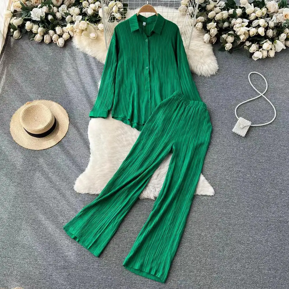 Sexy Solid Suit Two Pieces Outfits Office Lady Long Sleeve Lapel Jacket Coat Suits 2022 Women Casual Wide Leg Trousers Set