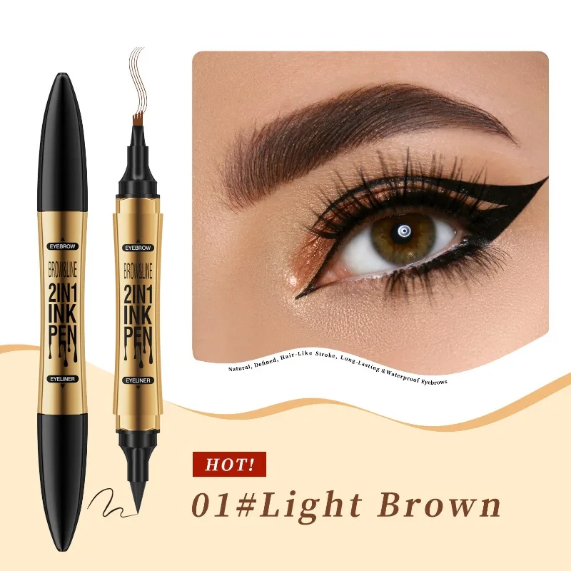 2-in-1 4-Prong Eyebrow Pencil & Eyeliner Pen - Quick-Dry Waterproof, Smudge-Proof Brow & Eye Makeup Tool 2 Color Tube Choose