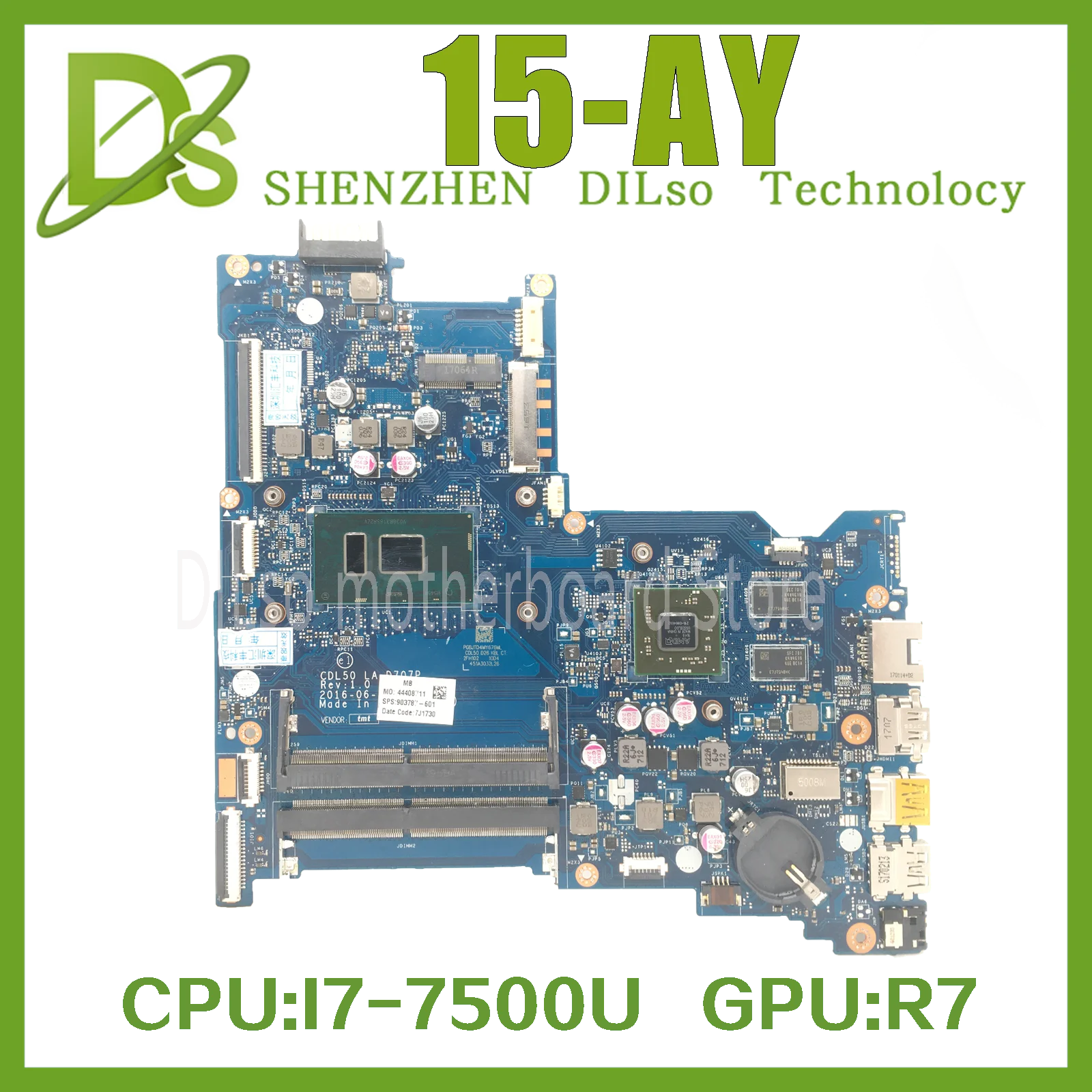 KEFU  CDL50 LA-D707P 903787-601 903787-501 906359-001 PC Motherboard For HP 15-AY 15-AY180TX I7-7500U SR2ZV AMD Radeon R7