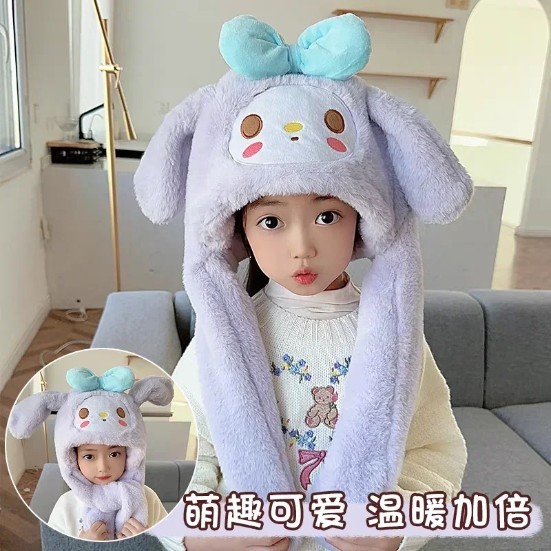 

My Melody Anime Sanrio Ins Kawaii Children Soft Warm Hat Cute Cartoon Scarf One Piece Ears Move Cap Gifts for Kids