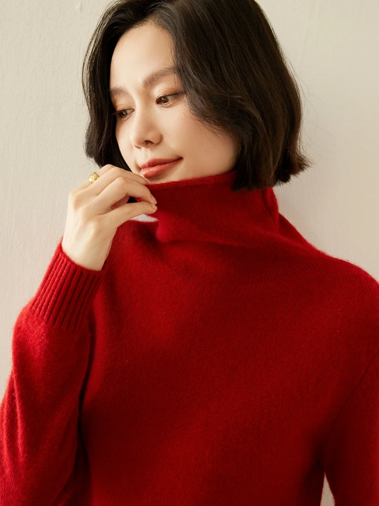 

Autumn Winter New Women Knitted 100% Cashmere Sweater pile collar solid color cashmere top Winter Cozy Fashionable Inner Wear