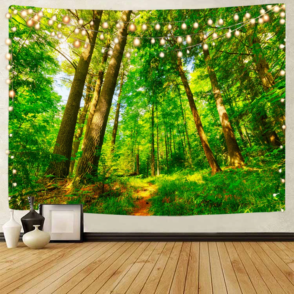 Sunshine forest path background decoration tapestry Sunshine forest landscape decoration tapestry Home decoration tapestry