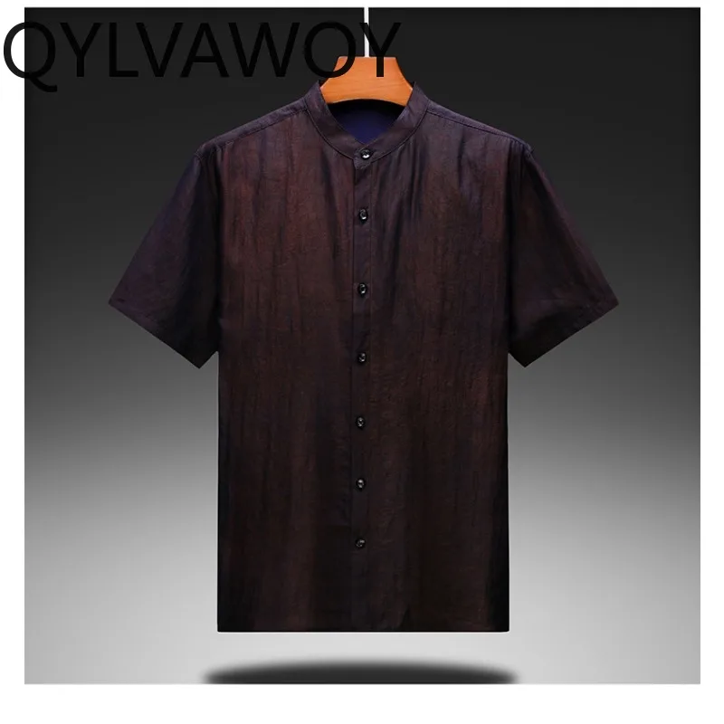 QYLVAWOY 100% Real Mulberry Silk Shirts for Man Stand Collar Men's Shirts Xiangyunsha Shirt Menswear Clothing Chinese Style Tops