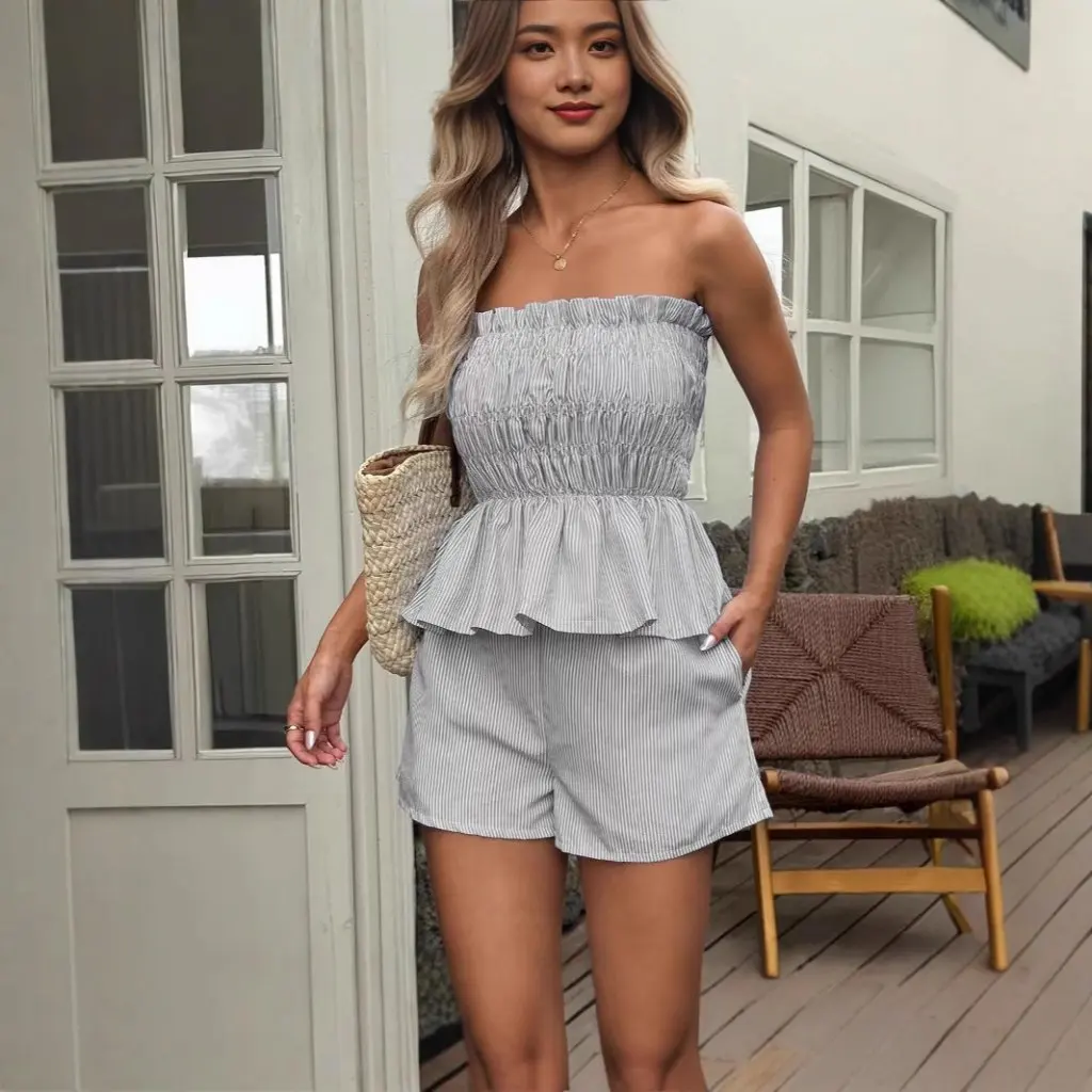 

Women's Summer Fashion Casual Two-Piece Set Tube Top And Sleeveless Shorts European And American Style in Stock