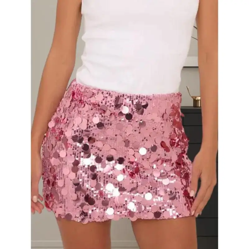 

iny Sequin Skirt Women's mid High Waist ort Bright Sportswear Casual Suit Seven Sve T-irt ort Pants