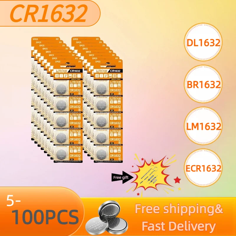 

5-100pcs CR1632 3V Lithium Battery LM1632 BR1632 ECR1632 Button Cell for Car Key Fob Remote Control Watch Electronic Toy Battery