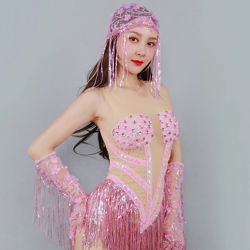 Sexy Roze Fringe Bodysuit Gogo Dans Kleding Nachtclub Bar Dancewear Zanger Showgirl Prestaties Outfit Party Rave Kleding yk