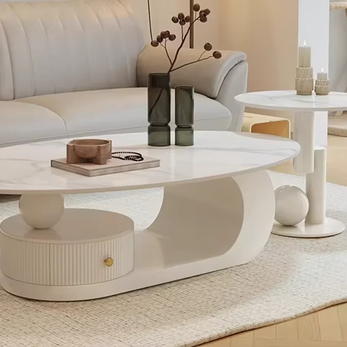 Cream Style Creative Coffee Table Living Room Oval Small Apartment Italian Style Minimalist Rock Plate Tea Table