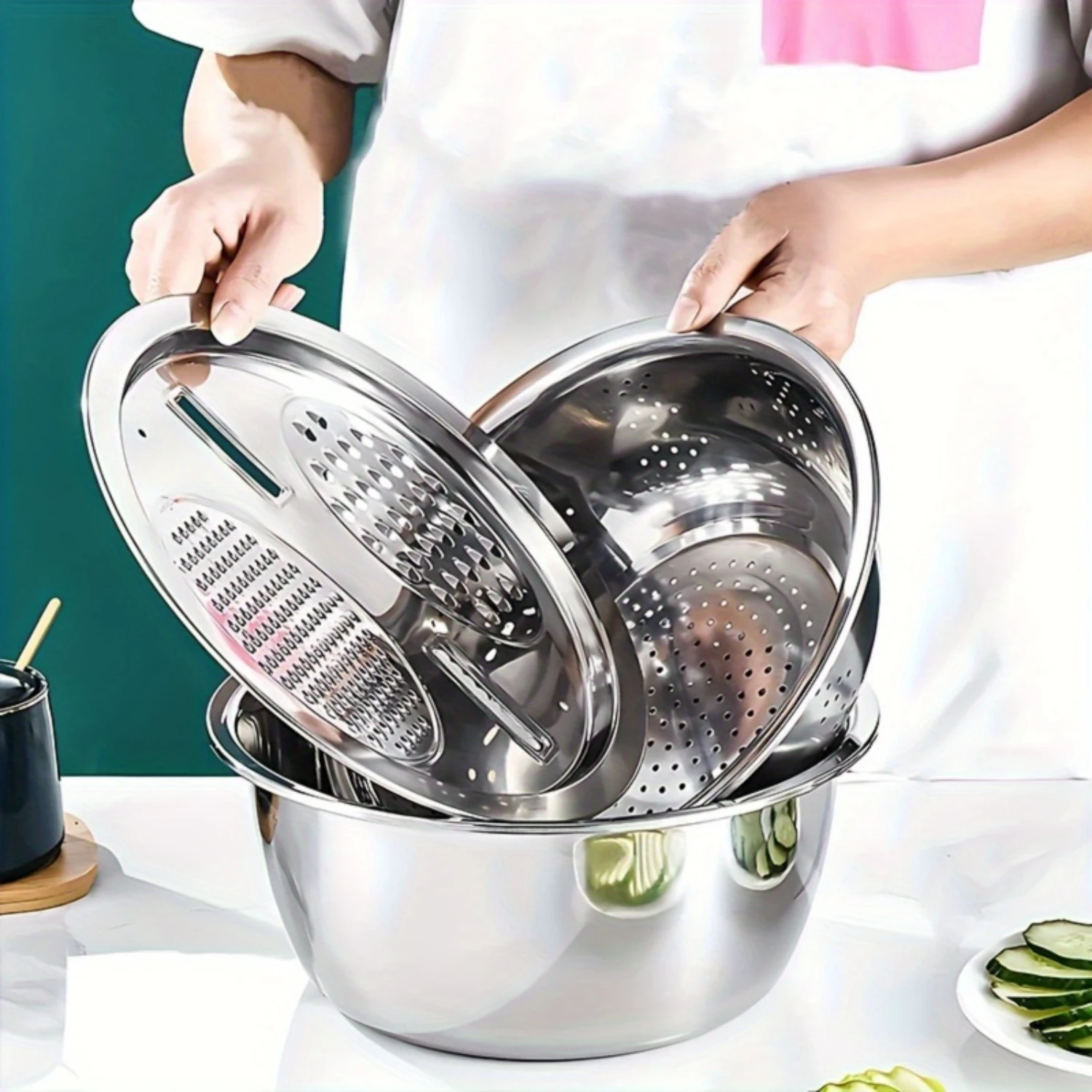 

Essential Stainless Steel Kitchen Set: Sink Strainer, Rice Washer & Seasoning Jar - Must-Have Cooking Accessories