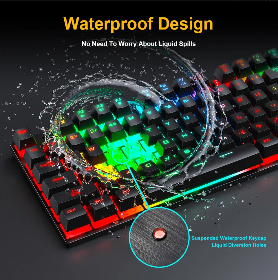 Teclado ergonómico para gaming con retroiluminación USB, teclas de goma RGB con cable compatible con PC y ordenador portátil, ruso, 104 teclas