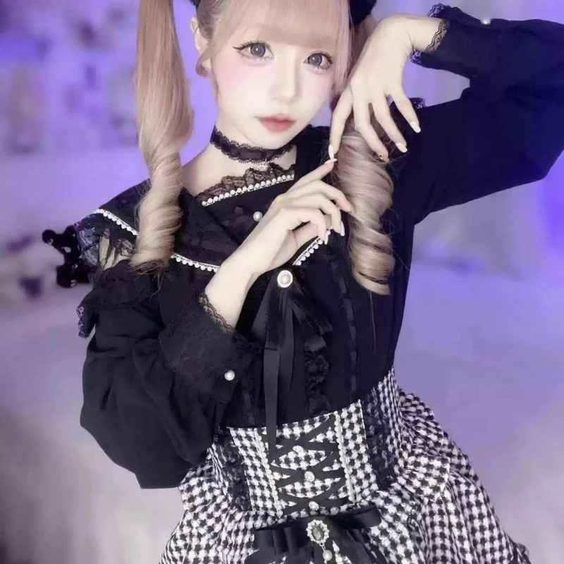 Camicia stile Lolita gotico giapponese Y2k Donna Kawaii Lace Ruffles Colletto alla marinara Fiocco Camicetta sottile Top 2025 New Fashion Blusas Femme