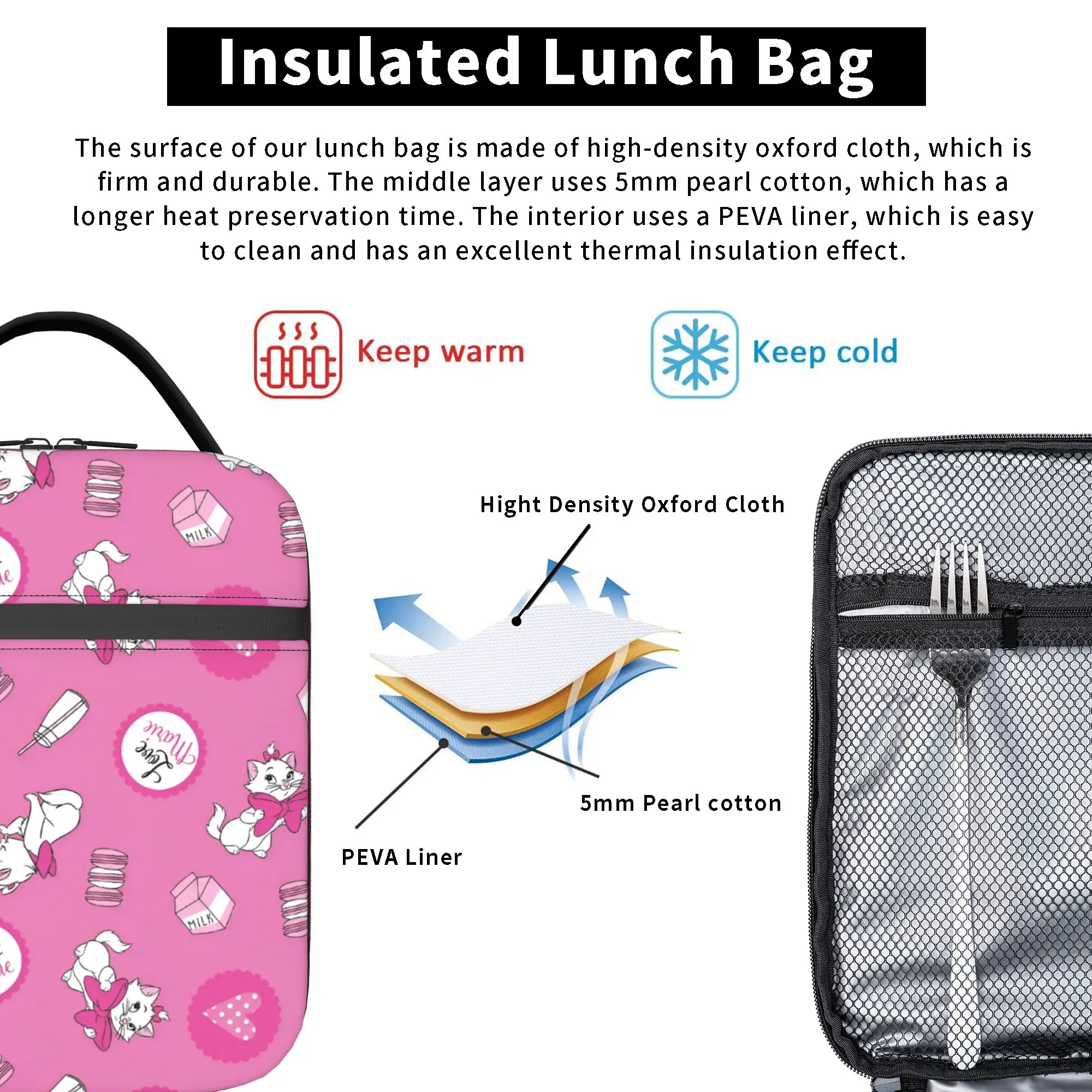 Maries  Cat Insulated Lunch Bag Cooler Bag Reusable,Lunch Container Portable Tote Lunch Box Bento Pouch Work  Picnic view 4