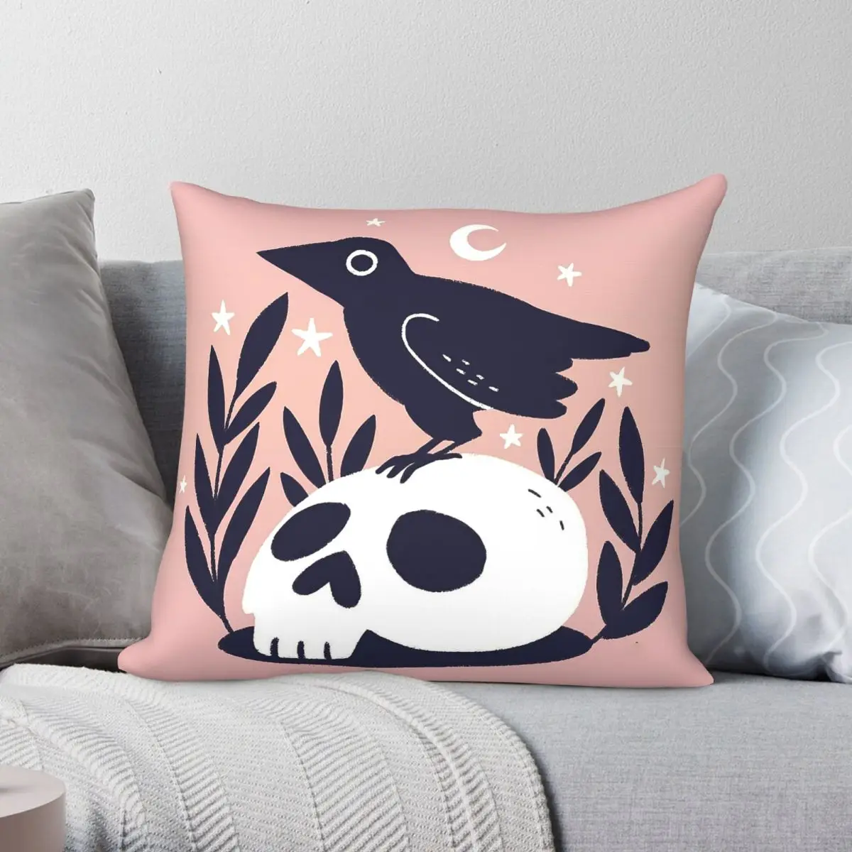 Skull Bird Crow Raven Square Pillowcase Polyester Linen Velvet Pattern Zip Decorative Pillow Case Sofa Seater Cushion Cover