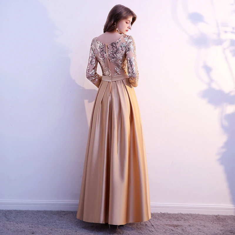 Elegant Satin Evening Dresses New Arrival 3/4 Sleeves A-Line Sequined Long Prom Gown Formal Evening Gowns Wedding Party Gowns