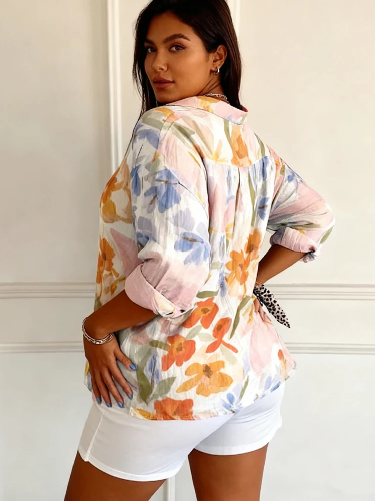 New Large Size Elegant Floral Print Lapel Shirt Casual Button Long Sleeve Blouse Top Beach Plus Size Party Boho Woman Clothes image 5