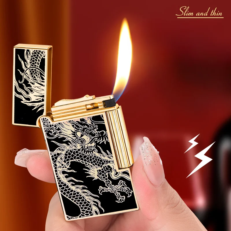 Fashionable Steel Tone Grinding Wheel Open Flame Gas Lighter Side Sliding Oblique Fire Metal Material Retro Cigarette Lighter