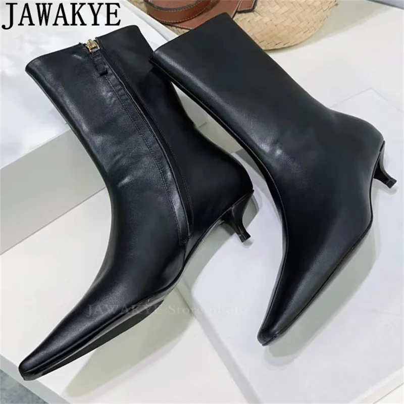 Pointy Toe Low Heel Ankle Boots Women Real Leather Chelsea Short Boots Winter Luxury Brand Slim Runway Fashion Week Boots