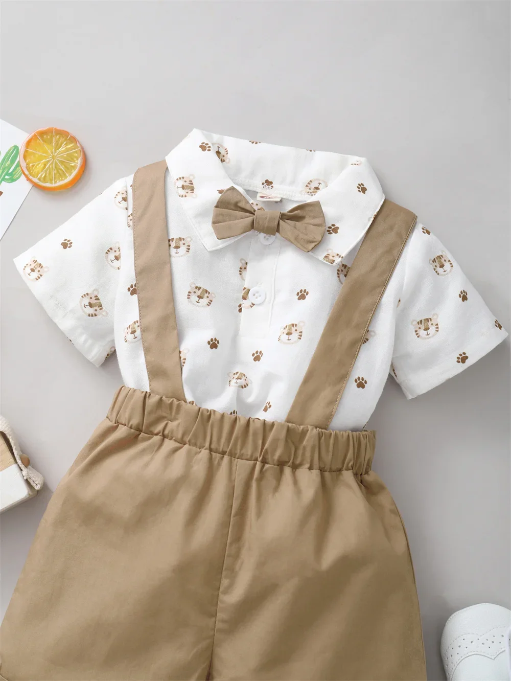 2PCS Infant Boy Clothes Set Tiger Print Short Sleeve with Bowtie+Strap Shorts Casual Wedding Party Suit for Toddler Boy 0-2Years