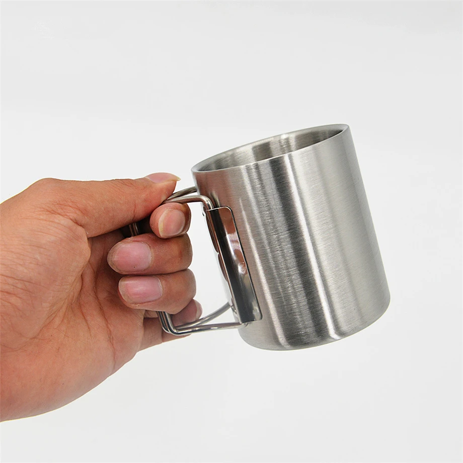 200pcs/Lot 300ml 10oz Hiking Mug Tumbler Sports Cup Collapsible Handle 18/8 Stainless Steel Beer Camping 2-Wall No Vacuum