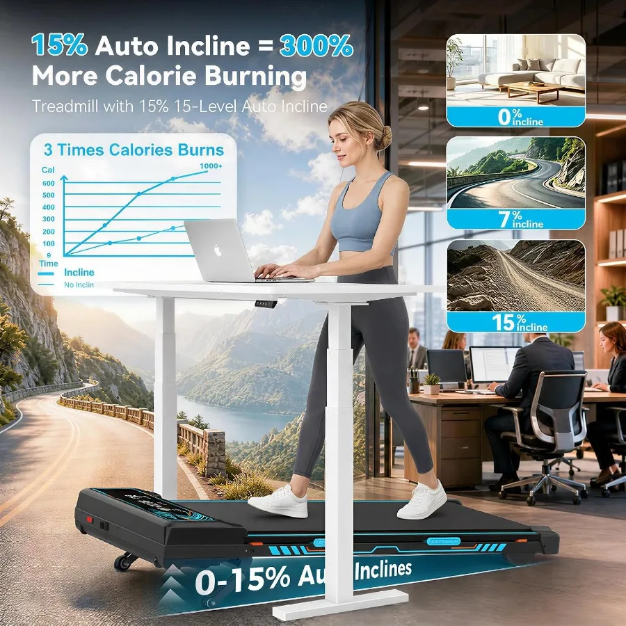 Under Desk Treadmill for Home Office: Brushless 3.5HP Motor, 15 Auto Incline, 0.56 MPH Speed, Portable Walking Pad in Black, 41