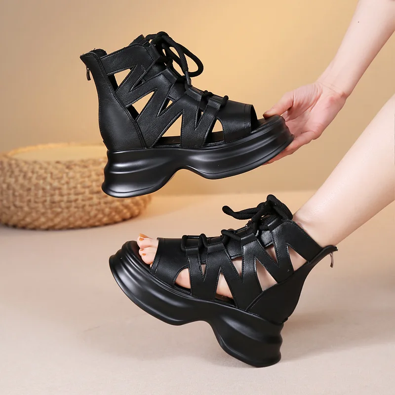 Retro Soft Leather Hollow Summer Cool Boots Open Toe Lace Up Flat Platform High Top Sandals for Womens Ladies Casual Roman Shoes